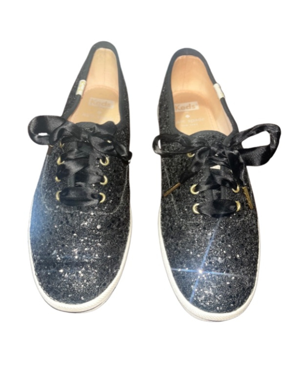 Keds x Kate Spade, Black, Glitter Satin Ribbon Lace-Up Sneakers, Size 7.5 - Picture 9 of 10